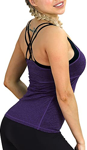 icyzone Damen 2 in 1 Sport Yoga Tops mit BH - Gym Shirts Fitness Trainings Tank Top (M, Purple)
