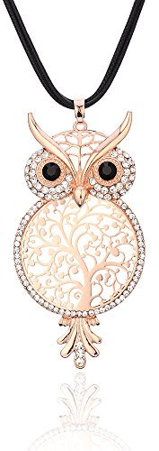Ouran Long collier pour les femmes, pendentif chanceux chouette collier avec CZ cristal noir collier de cire de cire filles collier en argent avec strass, Métal Strass Cristal, Cristal, Métal Strass