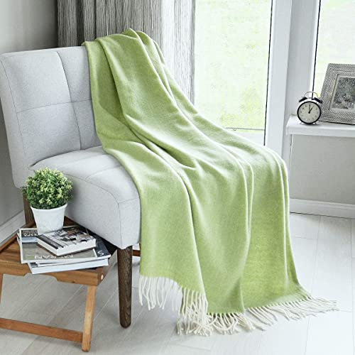 Linen & Cotton Klassische Decke Wolldecke Merino Wolle Wohndecke Kuscheldecke STONEWOLD mit Fischgrätenmuster -100% Merinowolle, Hellgrün/Grün (140 x 200 cm), Sofadecke Tagesdecke Überwurf Plaid Sofa