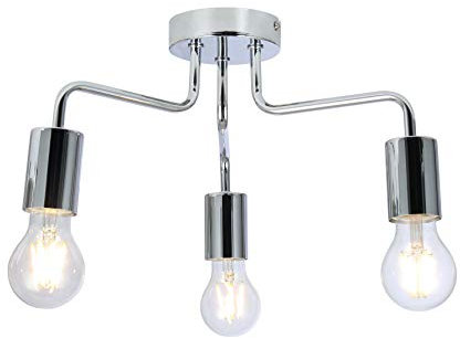UKEW 3 Way Retro Ceiling Light - Chrome Vintage E27 LED Compatible Semi Flush Arm Lighting Fixtures for Modern Kitchen Bedroom Lounge