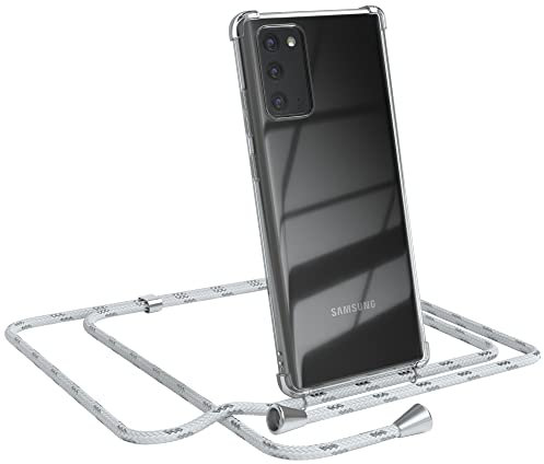 EAZY CASE Handykette kompatibel mit Samsung Galaxy Note 20 / Note 20 5G Handyhülle mit Umhängeband, Handykordel mit Schutzhülle, Silikonhülle, Hülle mit Band, Stylische Kette, Weiß/Silber