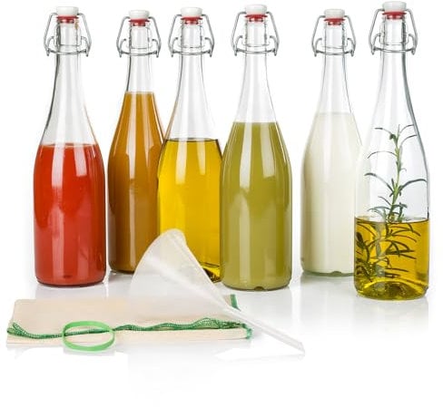 myFERMENTS Bouteilles en Verre avec Bouchons - Kit de Fermentation 6 Bouteilles 750ml à Bouchon Mécanique, Entonnoir 10cm, Tissu 50x50cm - Verre Épais, Joint en Porcelaine - Bière, Kombucha, Kefir