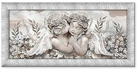 Lupia - Quadro Moderno su tela con Cornice PRINCE Multicolor ANGELS IN FLOWERS MIX SILVER, con Glitter brillantini, 63x133 cm, per Soggiorno, Camera da Letto Testata, Capezzale, Design Elegante