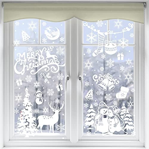VEYLIN Xmas Window Clings Decoration, 141 Static Snow Flakes Stickers Merry Christmas Window Decals for Christmas Party Supplies (8 Sheets)