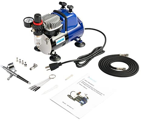 Hseng Multi-Purpose Gravity Feed Dual Action Airbrush Kit with a 1/5 HP Single Cylinder Piston Low Noise (47db) Air Compressor, for Art Painting, 3D Model Coloring, T-Shirts and Sneaker Design etc.