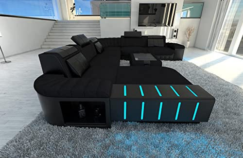 Sofa XXL Bellagio Wohnlandschaft Stoffsofa U Form - mit LED Beleuchtung, verstellbare Kopfstützen, Recamiere/Mikrofaser/Ausrichtung wählbar (Ottomane Links, Schwarz C33)