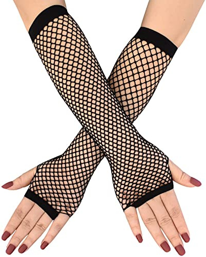 LRMYS One Size Long Fishnet Gloves, Elastic Fingerless Net Mesh Gloves 80s Hand Gloves for 80s Fancy Dress Costume Accessory Party Supplies, Black 1 Pairs