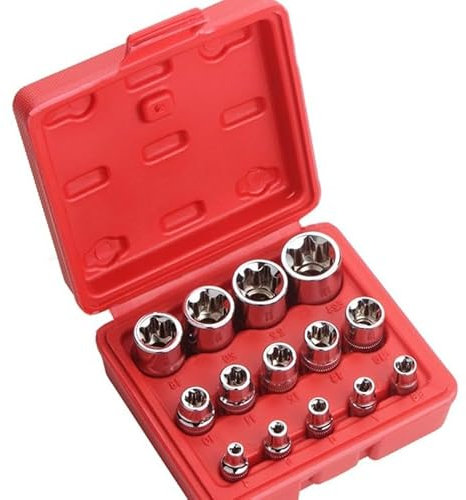14PCS Female E-Torx Star Socket Set With Case, 1/4, 3/8, 1/2 Drive External Star E4-E24 Torque Set for Motorcycle Car Vehicle