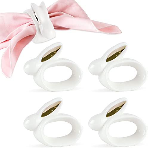 Set mit 4 Porzellan-Serviettenringen für Hasen, Ostern, weißer Hasen, Serviettenring, goldene Ohren, Hasen, Keramik, Halter für Ostern, Abendessen, Dekoration, Frühling, Party, Tischdekoration
