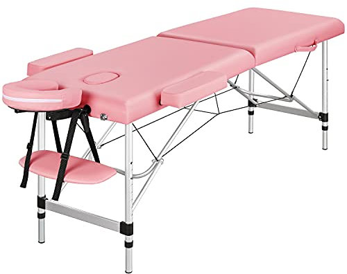 Yaheetech Lettino da Massaggio Pieghevole Portatile Professionale a 2 Zone Alluminio per Fisioterapia Portata 250 kg Altezza Regolabile Poggiatesta e Briaccioli Rimovibili con Borsa 213 x 60 cm Rosa