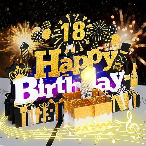 Geburtstagskarte zum 18., musikalische Geburtstagskarte mit ausblasbarer Kerze, „Happy Birthday“-Lied, Kuchen-Pop-up-Grußkarte für Frauen, Männer, Kinder, Ehemann, Ehefrau, Mama, Papa, Tochter