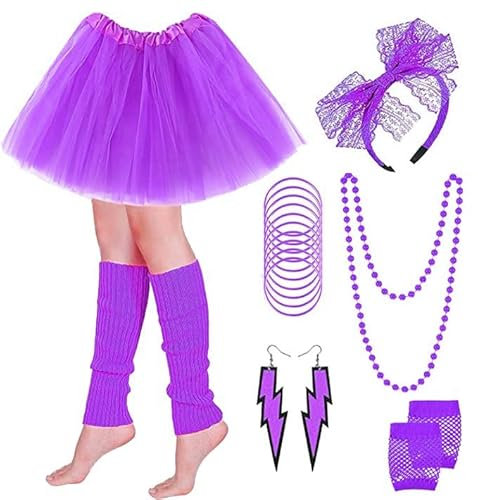 PINEPAN 80er Jahre Kleidung Damen Rock Neon Halskette Armband Ohrring Handschuhe Spitze Stirnband 80er Outfit Neon Party Lila