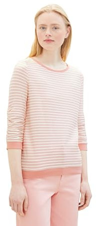 Tom Tailor Denim Damen Sweatshirt mit Raffarm & Streifenmuster, 34736 - Rose White Structure Stripe, XXL