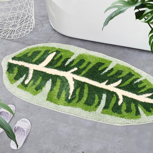 Airener Green Leaf Mat, 19.69x47.24inch Non Slip Palm Shaped Bathroom Mat, Large Monstera Cute Bath Mat, Super Absorbent Bath Mat, Washable Bathroom Rug for Bedroom Bathroom Doorway, 32584697