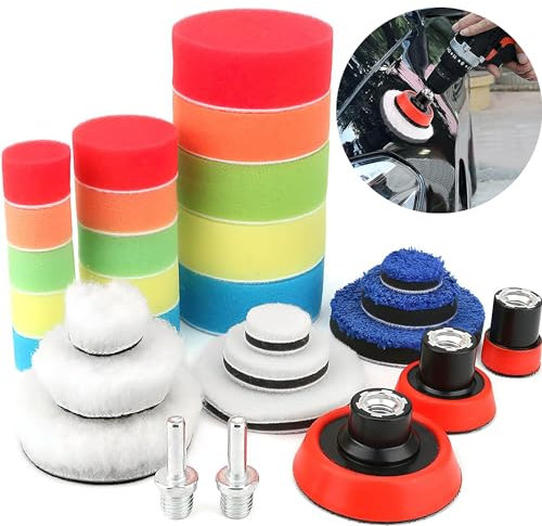 XFLYP 29 Piezas Esponja Pulir para Coche, Kit de Esponja de Pulido para Taladro M14, Adaptador Accesorio y Taladro Pulidora Lana Kit Pulir para Pulimento de Automóviles, Lijado y Cera