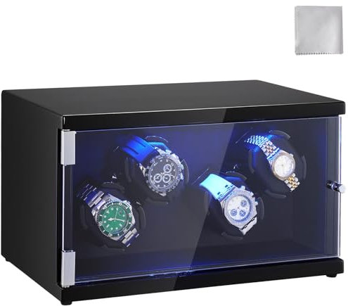 VEVOR Remontoir Montre Automatique Capacité 4 Montres Écrin pour Montres Automatiques avec 2 Moteurs Japonais Mabuchi Silencieux 5 Modes de Remontage en Panneau Haute Densité et Acrylique LED Bleu