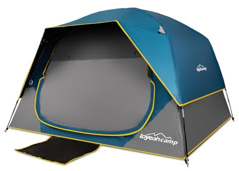 LOYEAHCAMP 4-Personen-Familien-Campingzelt, einfacher Aufbau, wasserdichtes Verdunkelungszelt mit Regenfliege, tragbares Doppellagiges Familienzelt mit großen Netzfenstern