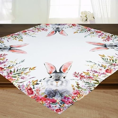 KAMACA Tischdecke Frühling Ostern Blumen Hasen Dekor Osterhasen Ostereier Bunt Waschbar Küche Esstisch Tisch Dekoration (85x85 Süßer Hase)