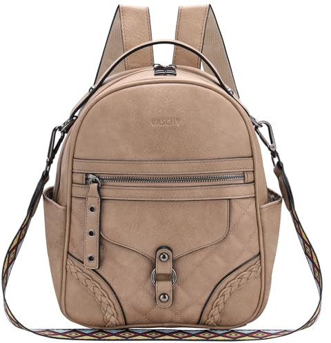 VASCHY Rucksack Damen, Mode Vintage Klein Rucksack Mädchen Mini Schultasche Elegant Casual Daypack for Reise Einkaufen Student Teenager Aprikose