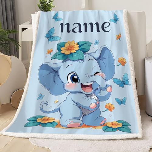 CHEFFS personalisierte Decke, Personalisierte Babydecke mit Namen Personalisierte Kuscheldecke Kinder Namensdecke Elefant Individuelle Baby Decke Geschenke 70 x 100 cm f (1,70 x 100 cm)