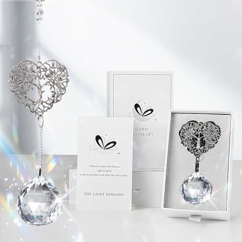 Elivida Modernes Beileidsgeschenk für den Verlust der Mutter – Baumleben, Herz-Design, Gedenk-Hängeornament mit 40 mm klarer Kristallkugel, Regenbogenmacher, Trauergeschenk für Frauen
