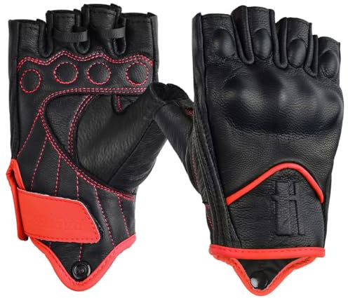Harssidanzar Damen Fingerlose Motorradhandschuhe,Harter Knuckle Schutz Reiten Motorradfahrer Racing Motorradhandschuh KL022EU,Schwarz Rot,Größe L