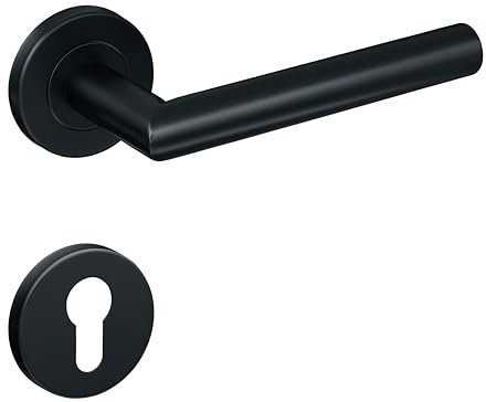 Gavroche Edelstahl Türgriffe Schwarz Matt Set PZ Profilzylinder | Türklinken für Innentüren | Drückergarnitur für Zimmertür mit runder Rosettengarnitur | Türbeschlag in L-Form