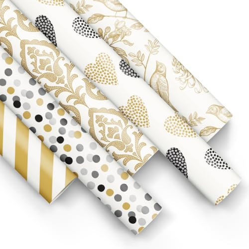 PAW - Geschenkpapier 200x70cm - 50 Rollen | Mix aus 5 Motiven | Elegante Papierrolle für Geburtstage, Hochzeiten, Babypartys, Partys und Geschenke - Schwarz-goldene Muster