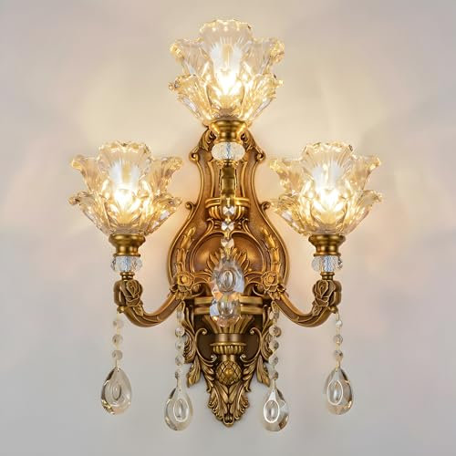 WayLuoung Lampe Murale Vintage Florale À 3 Tête En Verre De Cristal - Applique Murale Rétro Couleur Bronze Doré - Décoration En Métal Lampe De Chevet Salon Restaurant Escaliers (Base E14 Sans Ampoule)