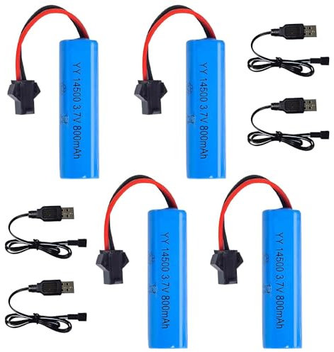 Hojalis 3.7V 800mAh Li-ion Battery, 4 Pcs RC Rechargeable Batteries with Usb Charger SM-2P Plug Connector, Universal Lithium Battery for RC Car Off Road Truck Jumper Vehicle Drift Monster Toys