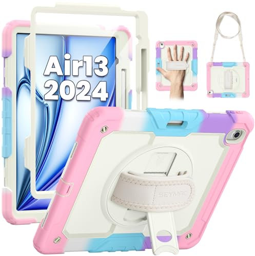SEYMAC Funda para iPad Air 13 Pulgadas 2024 (M2), con Protector de Pantalla, Soporte Giratorio de 360°/Correa de Mano, Correa para el Hombro, con Soporte para Bolígrafo, Rosa