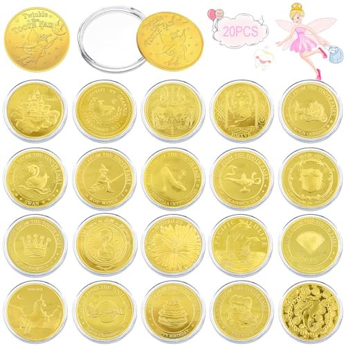 VEEKAY Pièce de Fée des Dents,20 Pièces coloré Pièces de Monnaie Or,Cadeau Fée des Dents,Pièces d'or avec des motifs différents sur les deux faces,Fée des dents colorées, Dents,Pièce Commémorative