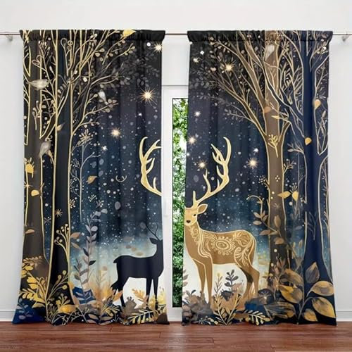 MLUNKQAIL Vorhang Blickdicht Wald Gardinen Elch Verdunkelungsvorhang Schlafzimmer Fensterdekoration Thermo, für Gardinen Wohnzimmer Kinderzimmer 140X175cm (BxH)