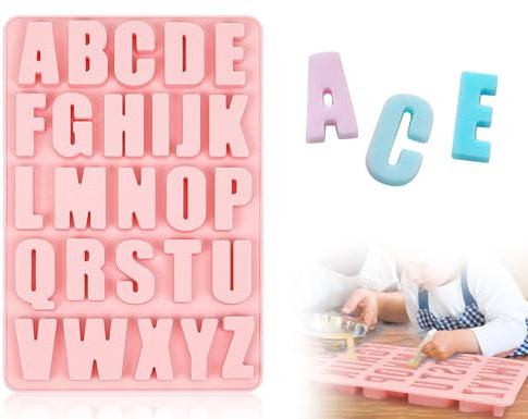 Lhbwhiz Stampo in silicone per lettere,stampo in silicone per alfabeto grande A-Z,stampi in resina epossidica,stampi da forno,stampo per blocchi di ghiaccio con motivo alfabeto a 26 cavità(rosa)