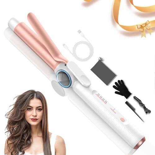 Lockenstab Kabellos 28mm, UKLISS 9000 mAh Reise Lockenstab Ohne Kabel, Tragbarer Lockenstäbe USB Aufladbar, Kabelloser Hair Curler 140–200 ℃ (Rosa Weiß)