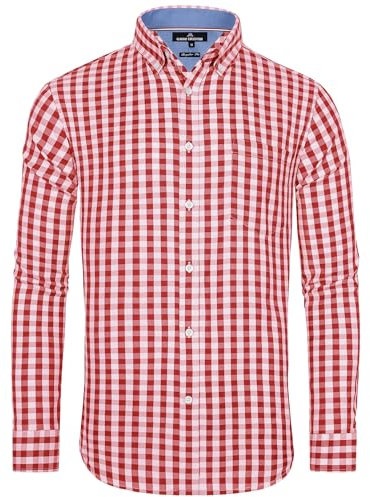 J.VER Herren Trachtenhemd Rot Weiss Kariertes Hemden Faltenfrei Luftig Freizeithemd Regular Fit Atmungsaktives Tracht Outfit Modern Fit Check Arbeitshemd,Rot Weiß,M