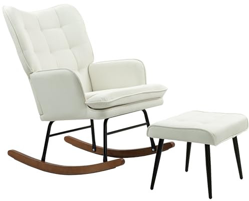 HOMCOM Schaukelstuhl Schwingsessel mit Hocker, Armlehnsessel, Sessel mit Leinenoptik, Schaukelsessel bis 130 kg Belastbarkeit für Schlafzimmer, Wohnzimmer, Cremeweiß