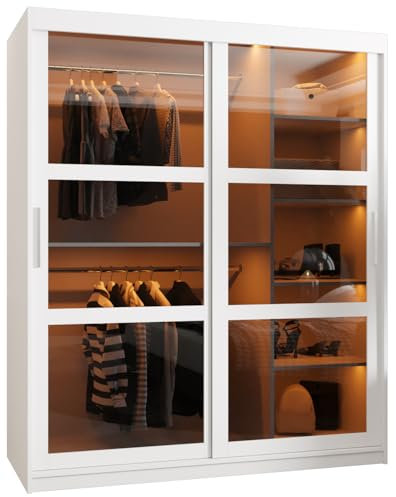 MEBLE KRYSPOL Dome Schrank mit Zwei Schiebetüren mit Spiegel, Stangen und Regalen - Aufbewahrungsschrank mit Rauchglas für Schlafzimmer, Wohnzimmer - 200x150x62cm - Weiß, Weiß, Silber