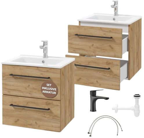 Deftrans waschbeckenunterschrank hängend mit schubladen 50 x 50 x 46 cm Holz, waschtisch mit unterschrank- waschbecken mit unterschrank, spülenschrank mit spüle und Armatur