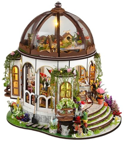 DIY Miniatur Haus Puppenhaus Gewächshaus mit Licht, DIY Mini Holz Haus Modell Set DIY Miniatur Haus Gewächshaus Holz Puppenhaus Miniatur mit Möbeln Bastelset Geschenke für Frauen Mädchen