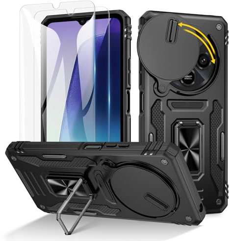 Doeshine Cover per Xiaomi Redmi 14C, [Protezione Antiurto Militare] 2 Pellicola Vetro Temperato, Cavalletto ad Anello Magnetico e Copertura Fotocamera Scorrevole (Nero)