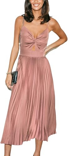 CUPSHE Robe midi pour femme 2025 avec bretelles spaghetti, sans manches, robe formelle plissée, rose, Taille L