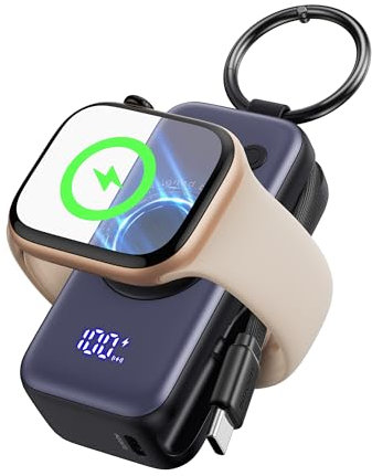 INIU Power Bank für Apple Watch, 5000mAh Powerbank mit eingebautem Kabel, Schlankes Reise Schlüsselanhänger Akkupack LCD-Display für iWatch 10/9/8/Ultra2/Ultra/SE, iPhone 16/15 etc