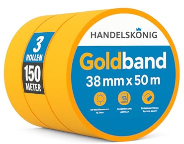 Handelskönig 3x Goldband Malerkrepp, Kreppband, Malerband, 38 mm x 50 m | Abdeckband, Malertape zum Abkelben, Klebeband für Malerarbeiten, Washi Tape Gold, Papiertape selbstklebend