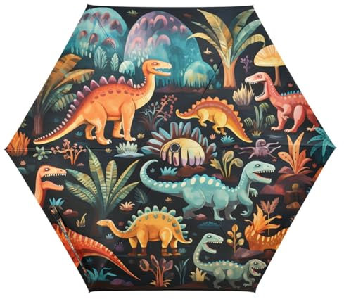 NYYYTTTEU Dinosaurier-Cartoon-Wald Auf-Zu Automatik Schirme Regenschirm Taschenschirm Kompakt UV-Schutz Reise Schirm für Jungen Mädchen Strand Frauen