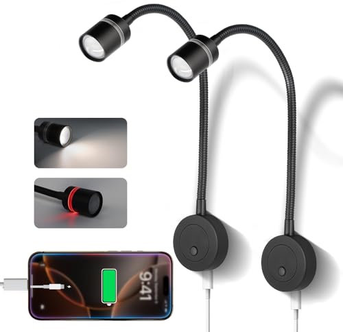 acegoo Leselampe 12V Wohnmobil LED Lampe, Dimmbar 4000K &Rotlicht Eingebautes Typ-C Ladegerät, Flexible Schwanenhals für Boot Wohnwagen Camper Yacht Innenbeleuchtung (2 Stk.)