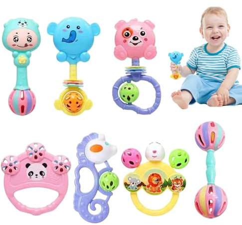 7X Grab Teething Shaker Rattle Set, Sensory Development Music Toy For Babies, Early Learning Teether Toys For Toddler Boys Girls, Preschool Kids Playtime, Teething Safe Materials For Comfort