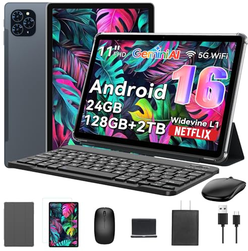 Tablet 2026 World's First Android 16 Tablet with Gemini AI, 11 Inch FHD Display, 24GB RAM 128GB ROM /2TB TF, T7250 CPU+13MP Camera, 8000mAh, Widevine L1, 2 in 1 Tablets with Keyboard Mouse Stylus