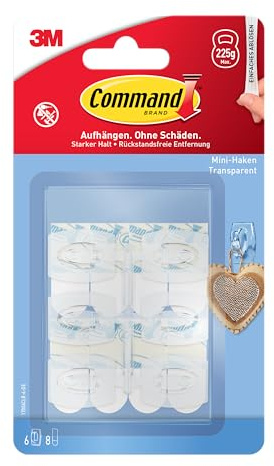 Command Dekorationsclips, Packung mit 6 Minihaken und 8 Kleinen Klebestreifen, Transparent - Für Dekoration und Lichterkette ohne Löcher und Bohren