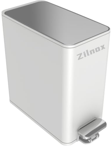 Zilnox 6L Bathroom Bin with Lid, Soft Close Narrow Pedal Toilet Bin, Small Bedroom Bin for Room, Stainless Steel Bin with Removable Inner Bucket for Kitchen, White
